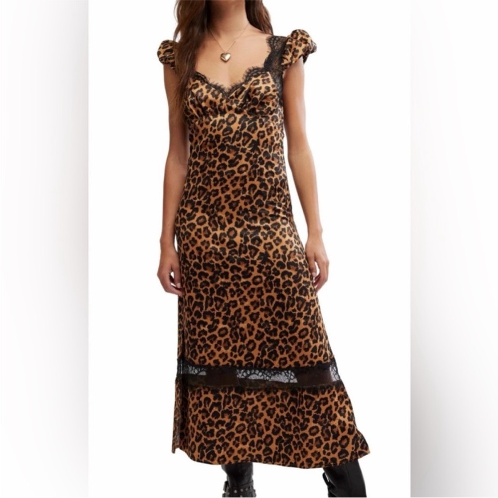 NWT Free People Leopard Print Dress w Lace Trim sz M